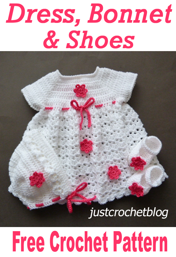 crochet dress-bonnet-shoes