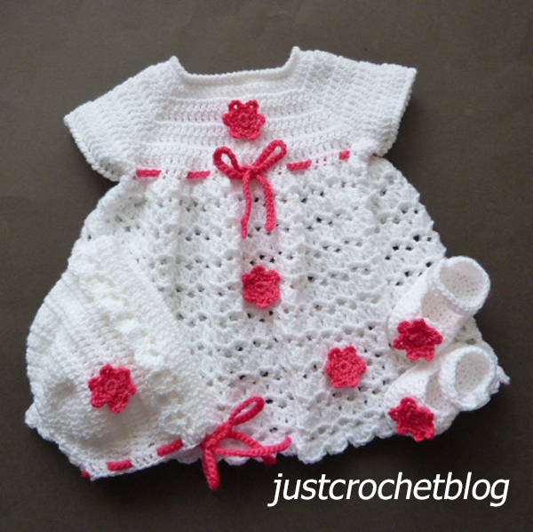 crochet dress-bonnet-shoes